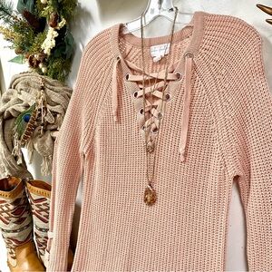 Chalet blush knit tunic w front lace up detailing & cabin cottage vibe